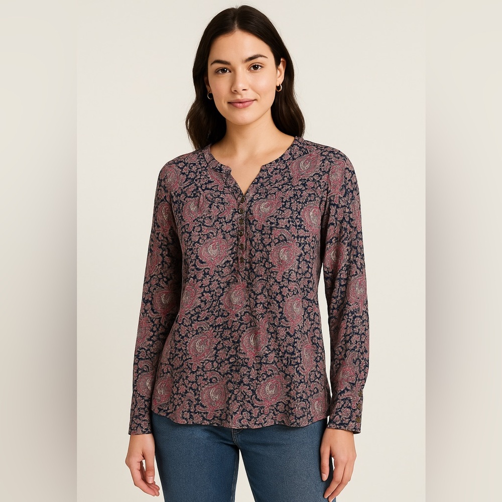 Lucky Brand Paisley Print Pink Black Long Sleeve Top – Size M boho hippie